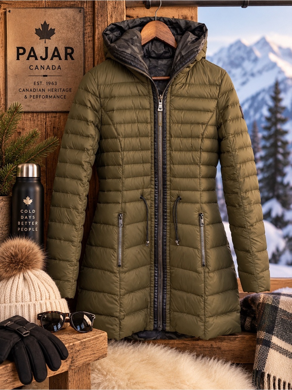 Pajar Oskar Winter Puffer Coat | Olive | Full-Zip Hood| Size Small